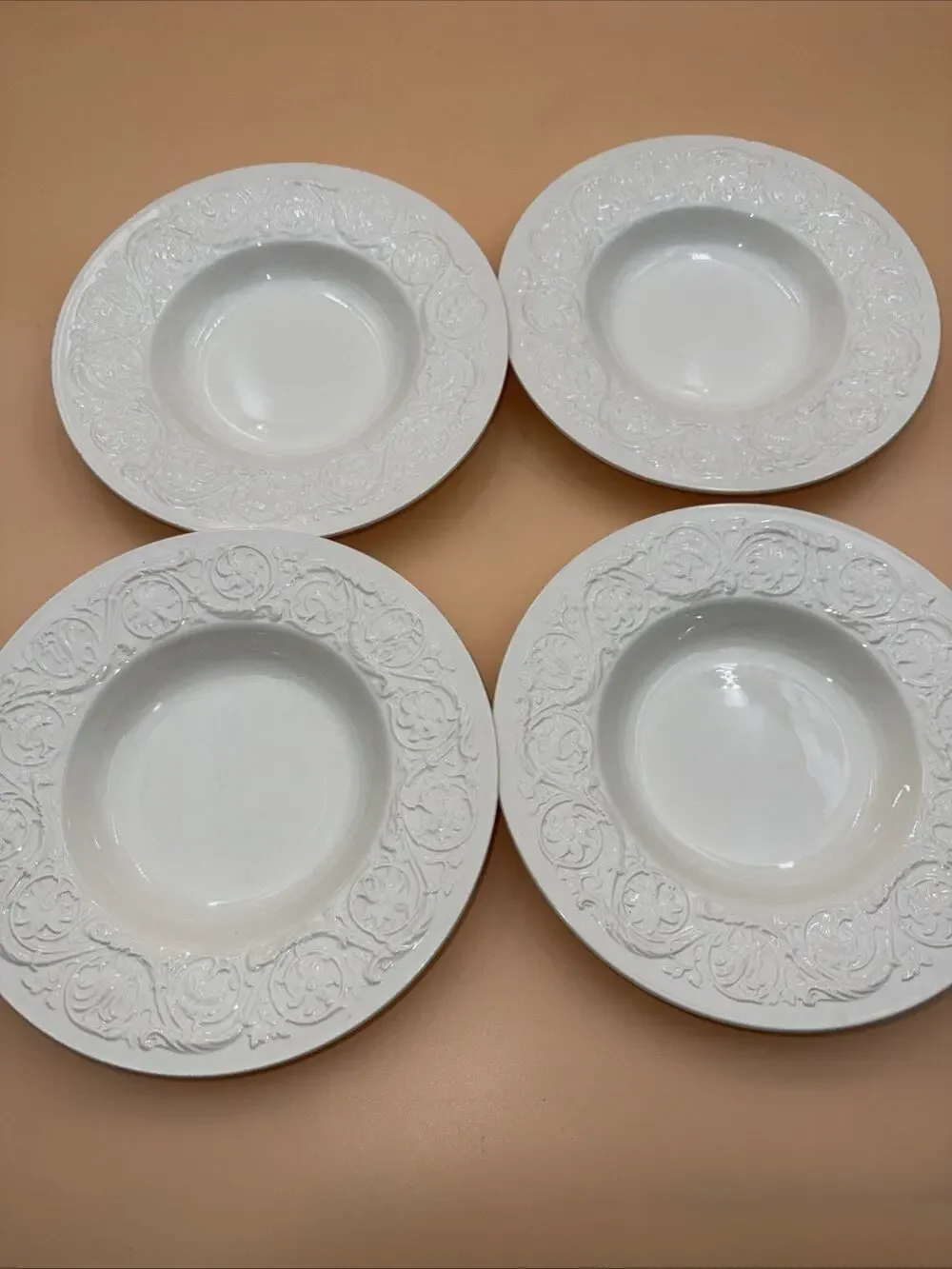 Wedgwood Patrician Rimmed Flat Soup Bowls Ivory Embossed Floral Pattern Set of 4